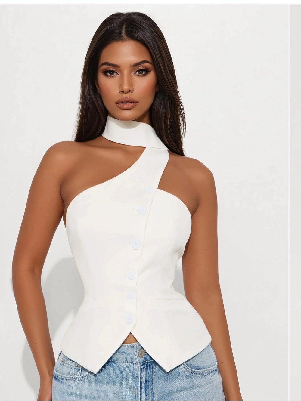 Fashion Nova White One-Shoulder Neck Tie Peplum Camisole